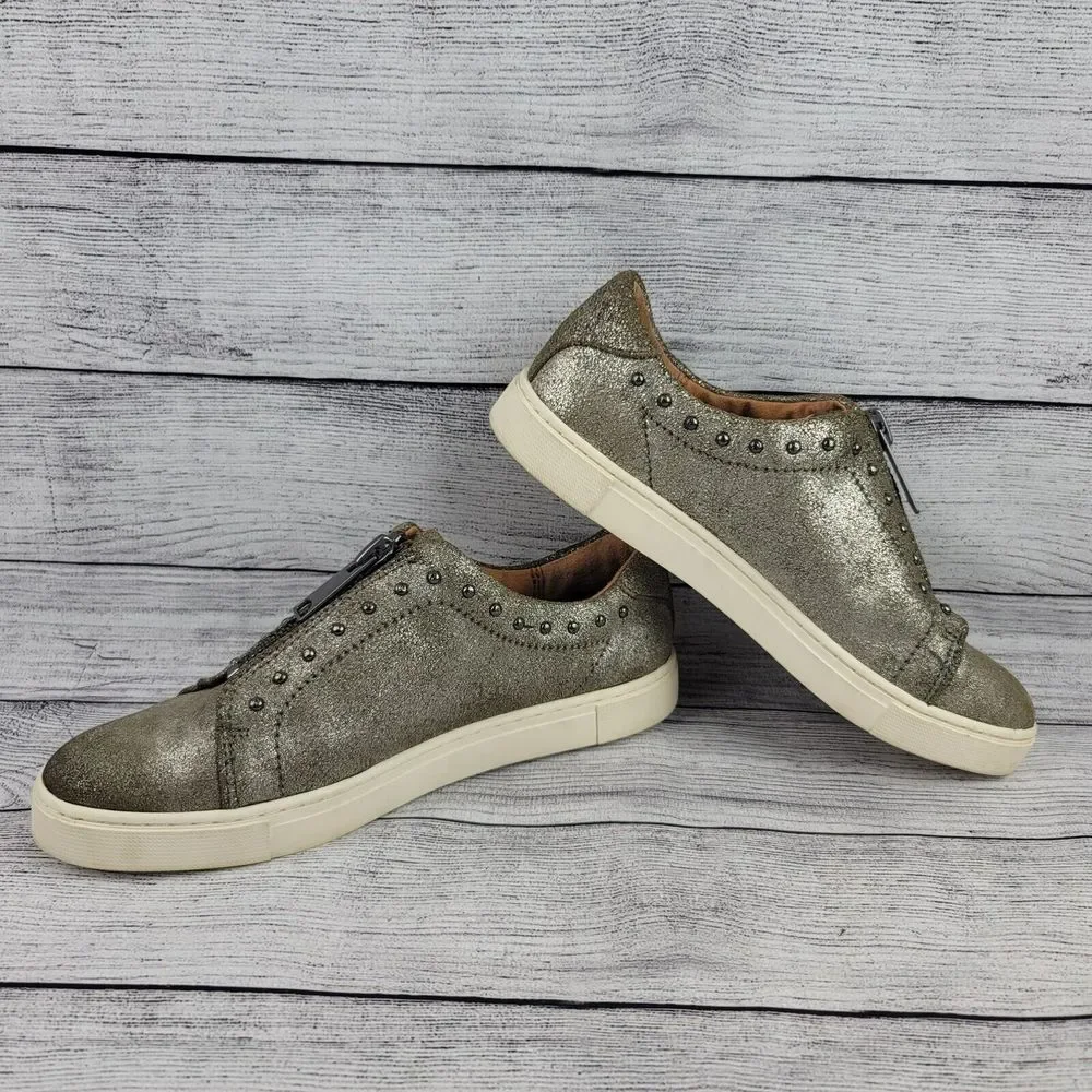 frye & co. Leather Zip Front Sneakers Victoria Moto Stud Metallic - Picture 5 of 10